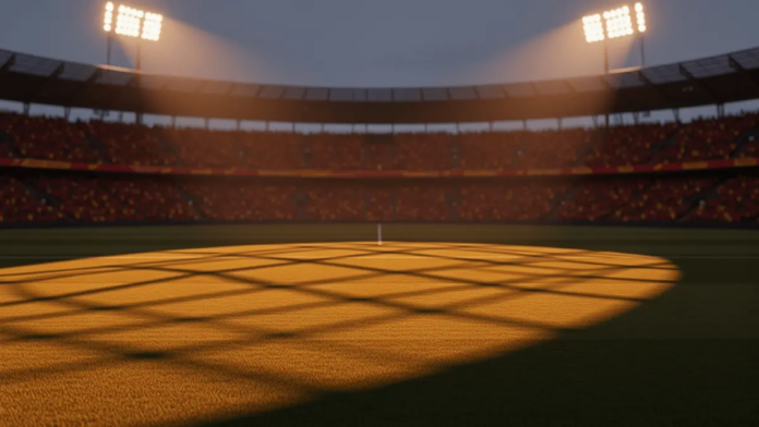 World Cup 2026 Quarter Final Spain vs. Belgium Predictions Floodlit stadium at dusk with packed stands in Spanish red and Belgian black-gold colours, empty pitch with dramatic shadows.