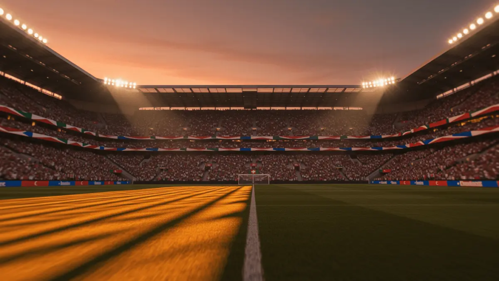 Floodlit stadium at golden-hour dusk with packed stands and dramatic shadow patterns across the pitch.