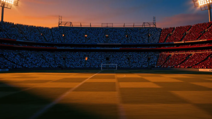 World Cup 2026 Round of 16 Argentina vs. Egypt Predictions Floodlit football stadium at dusk with dramatic shadows, packed stands, Argentina and Egypt national colours visible through atmospheric lighting
