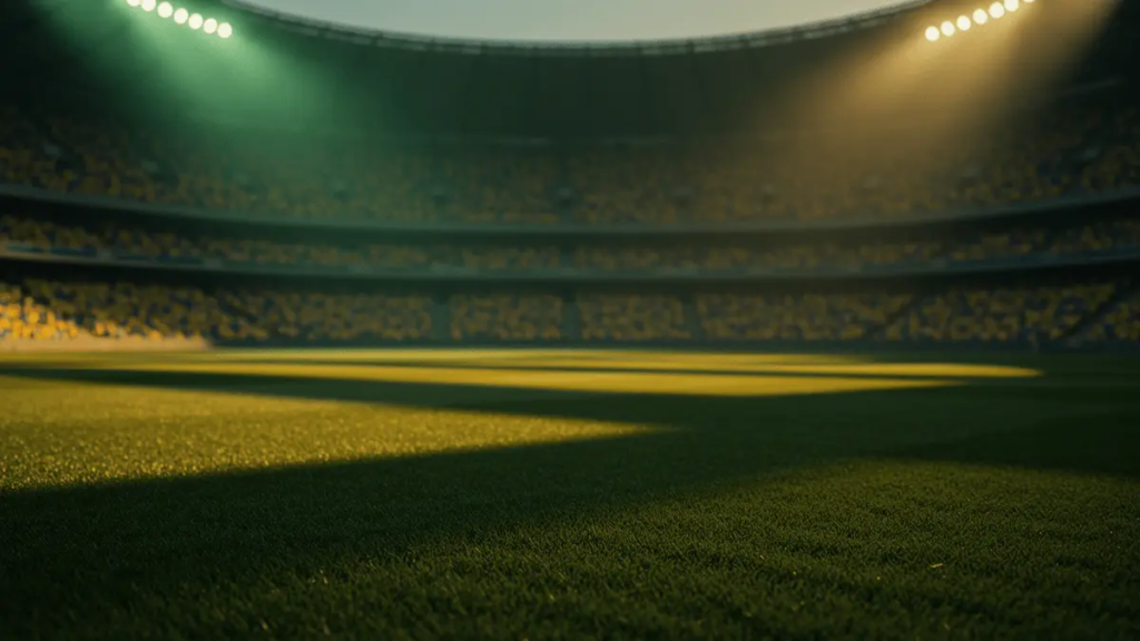 World Cup 2026 Round of 16 Brazil vs. Norway Predictions Floodlit stadium pitch at golden hour with yellow-blue and emerald crowd, dramatic shadows, cinematic sports photography.