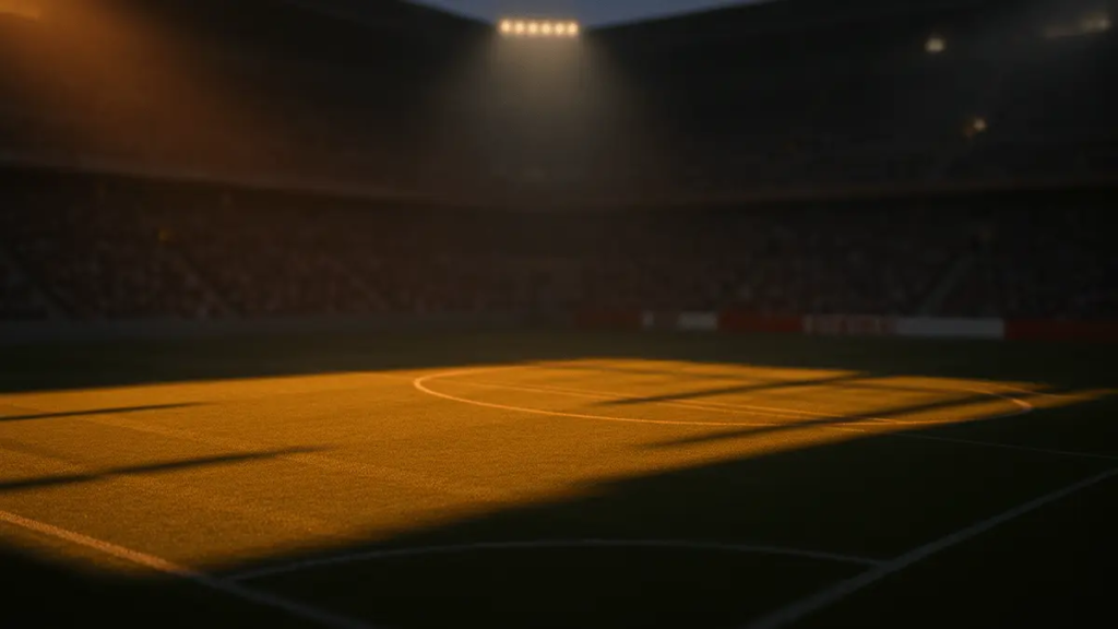 Floodlit football stadium at dusk with packed stands and dramatic shadow patterns across the pitch during golden-hour lighting.