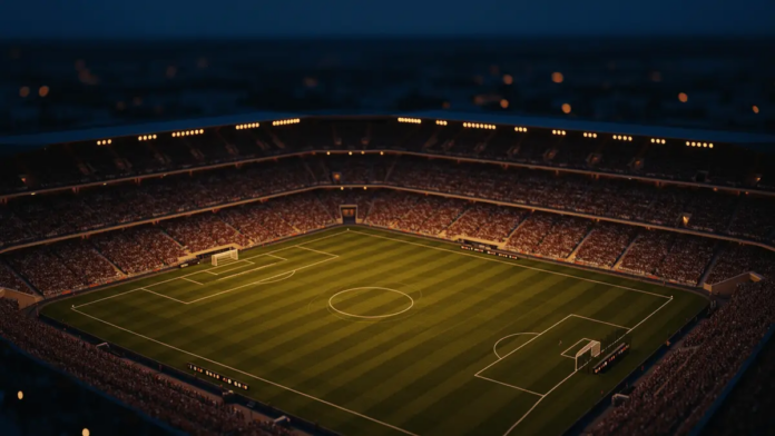 World Cup 2026 Round of 16 Portugal vs. Spain Predictions Floodlit stadium pitch at golden hour with packed stands and dramatic shadows, no players visible.