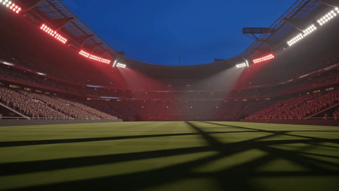World Cup 2026 Round of 16: USA vs. Belgium Predictions Packed floodlit stadium at dusk with golden-hour lighting and dramatic shadow patterns across empty pitch