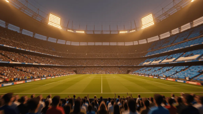 World Cup 2026 Semi-Final England vs. Argentina Predictions Floodlit stadium at dusk with packed stands glowing in England blue and Argentina sky blue, empty pitch with dramatic shadows.
