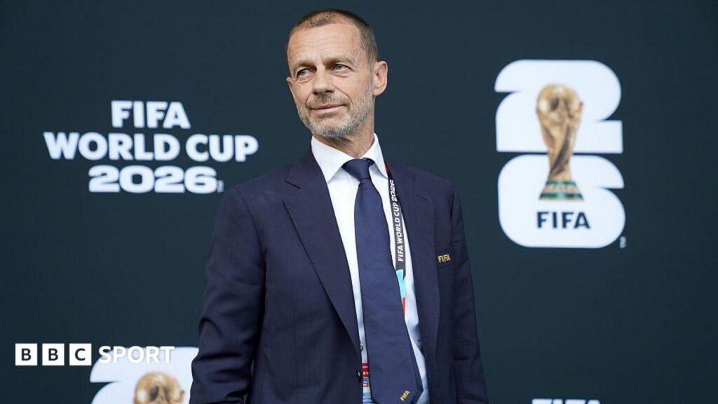 World Cup 2026: Uefa president Aleksander Ceferin boycotts final in protest against Fifa Uefa president Aleksander Ceferin in front of signage which reads Fifa World Cup 2026