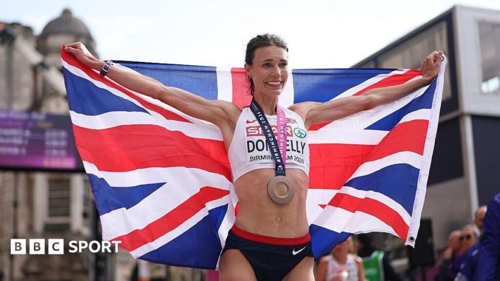 Abbie Donnelly wins GB’s first ever women’s marathon medal at Europeans Great Britain's women's 4x100m team celebrate winning European gold