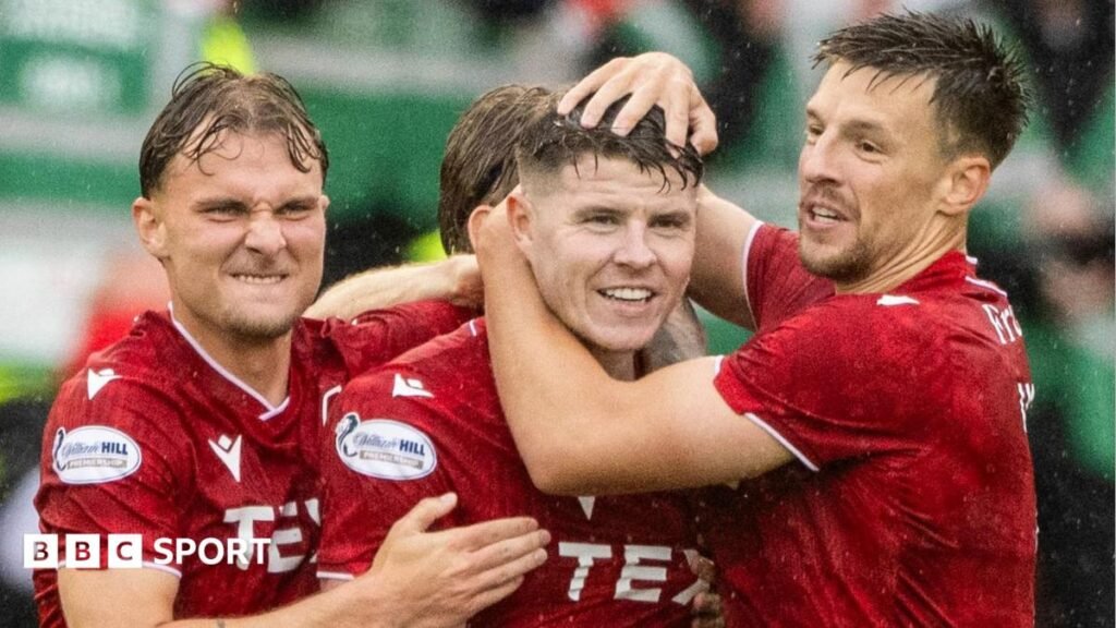 Aberdeen 2-1 Hearts: Kevin Nisbet leads from front as Dons turn tables on visitors Aberdeen players celebrating