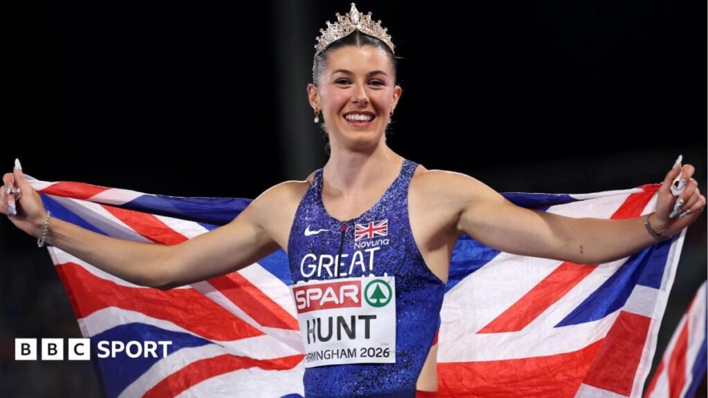 Amy Hunt: British sprint star enters stardom with quadruple gold at European Athletics Championships Bab the Bull impersonating Jazmin Sawyers wearing a towel around its waist at the European Championships.