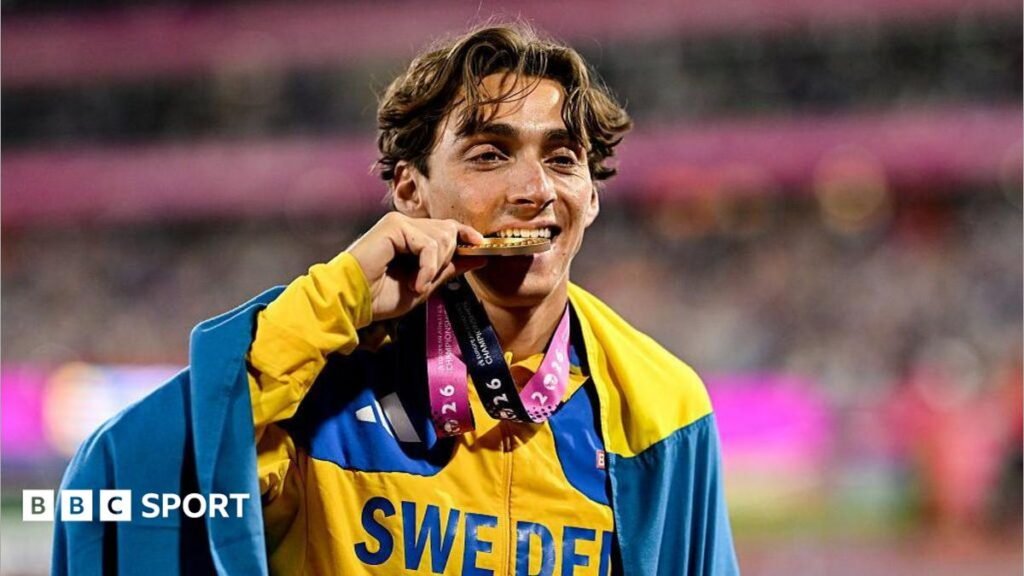 Armand Duplantis of Sweden with his men's pole vault gold medal during day seven of the European Athletics Championships 2026 at Alexander Stadium in Birmingham