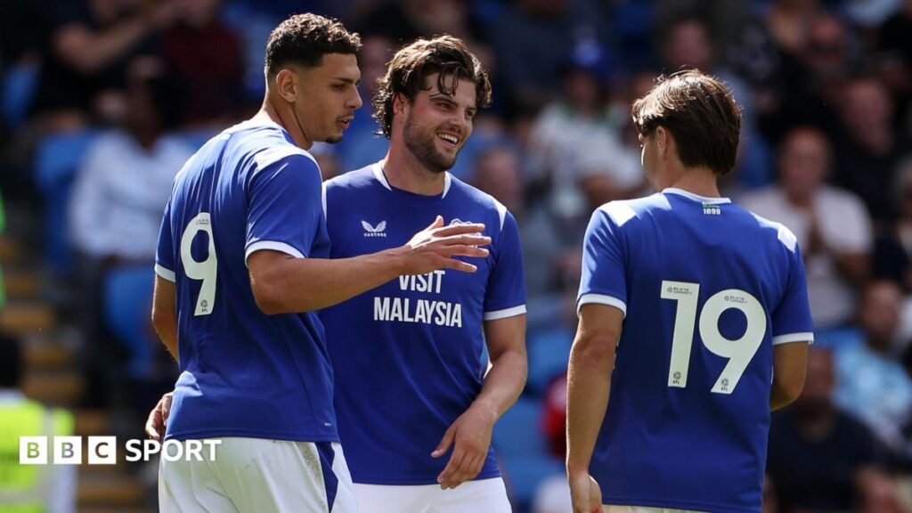 Cardiff City news: Bluebirds end pre-season with convincing win over Italian giants Roma Striker Yousef Salech (left) celebrates with Ollie Tanner (centre) after scoring Cardiff's second goal in their 4-1 pre-season win against Italian giants AS Roma