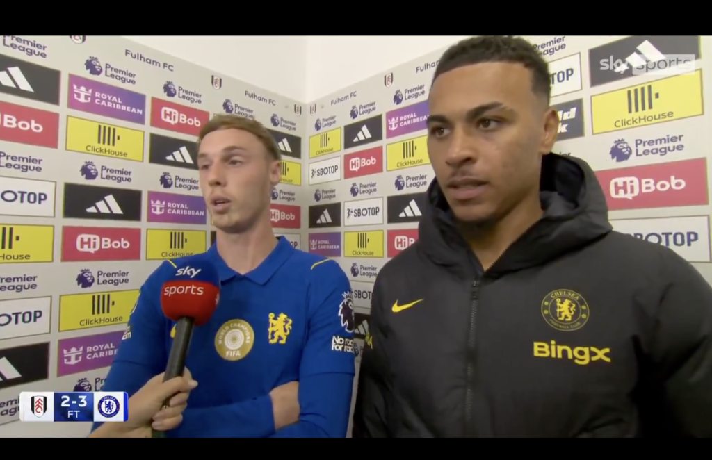 Cole Palmer’s cheeky response to Sky reporter on live TV Cole Palmer with Morgan Rogers