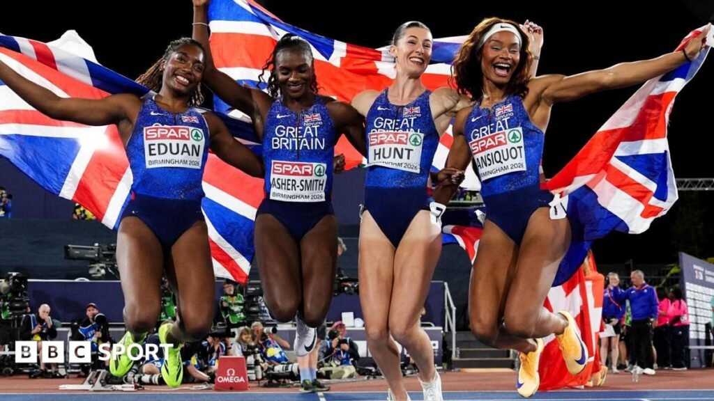 European Athletics Championships 2026: Amy Hunt claims third gold as Dina Asher-Smith makes history Success Eduan, Imani Lansiquot, Amy Hunt and Dina Asher-Smith pose with two Union Flags to celebrate winning gold