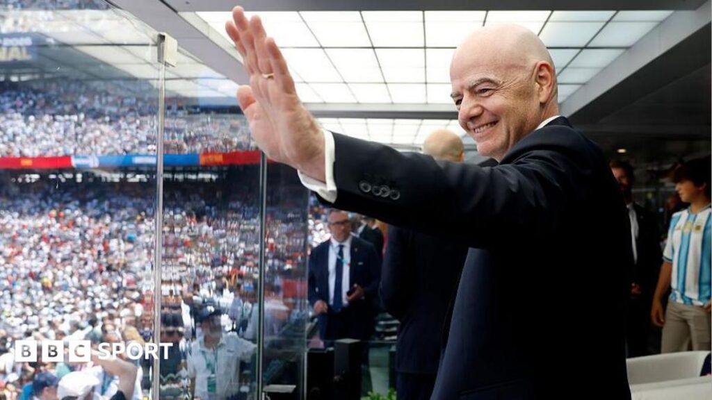Gianni Infantino: Fifa accused of breaking trust ‘through deception’ FIFA president Gianni Infantino waves before the World Cup final between Spain and Argentina