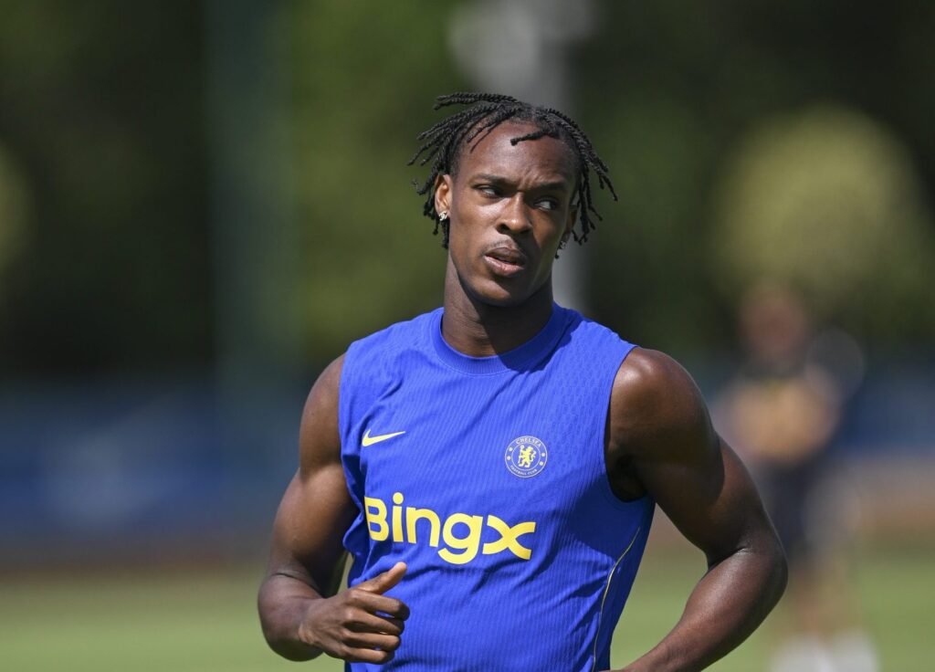 Emanuel Emegha of Chelsea during a training session at Chelsea Training Ground