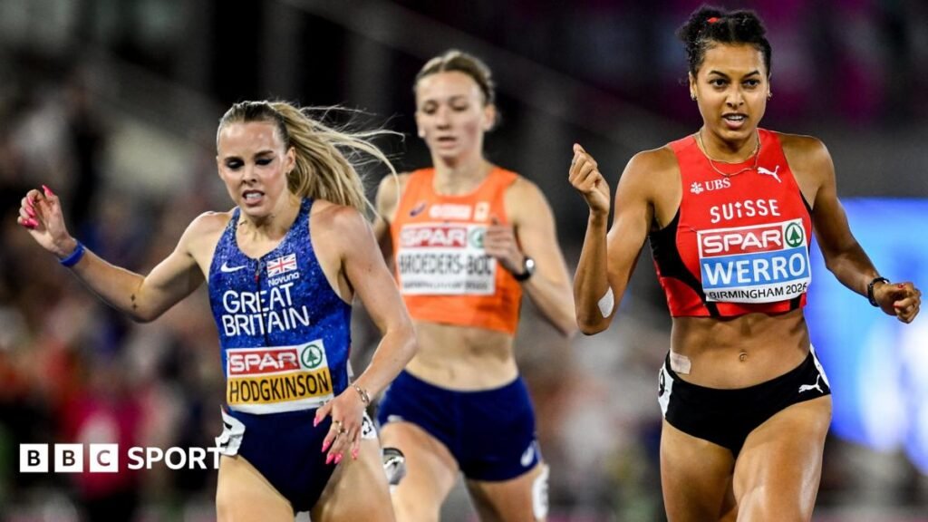Keely Hodgkinson: Great Britain’s Olympic champion ready for fight against fresh rivals Keely Hodgkinson in a crown with her coaches in the background
