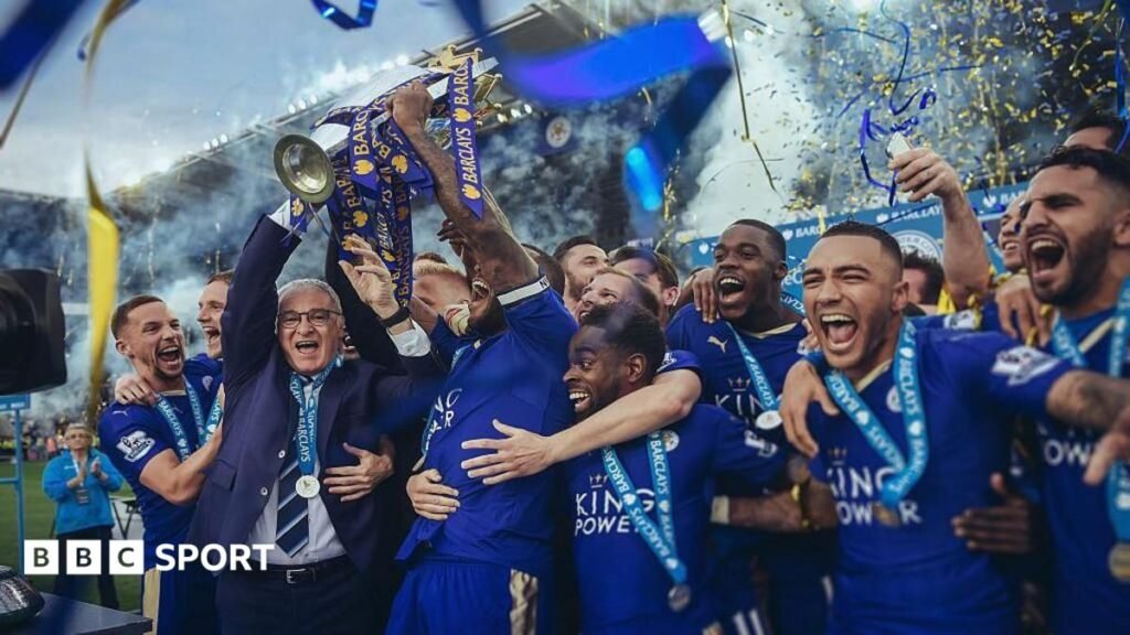 Leicester City: Premier League title moments – a decade on Claudio Ranieri with the Premier League trophy and a crown being put on his head