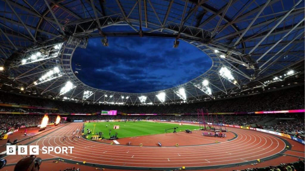 London submits bid for 2029 World Athletics Championships London Stadium, with an orange athletics track around a green pitch