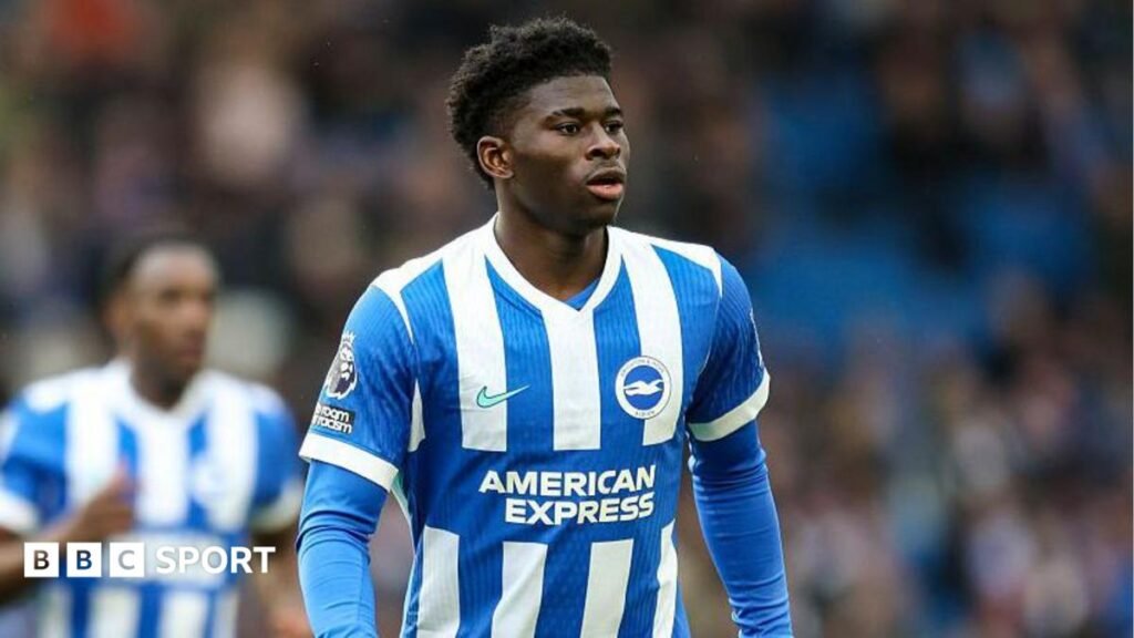 Brighton midfielder Carlos Baleba in action against Manchester United on the final day of last season