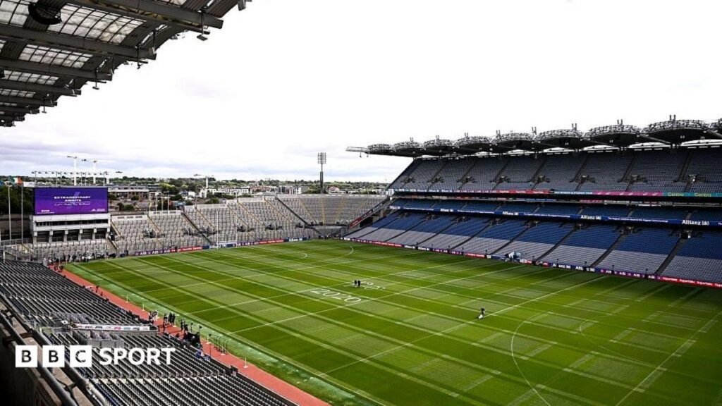 View of empty Croke Park stadium from high vantage point in a stand