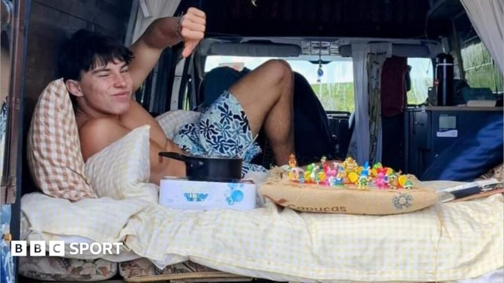 Milo Beimers: Goalkeeper’s 2,000-mile European van journey to find new club Milo Beimers pictured on a bed in the back of a van