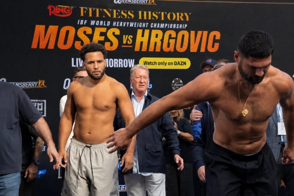 Moses Itauma Shoves Hrgovic Off Weigh In Stage Image: Moses Itauma Shoves Hrgovic Off Weigh In Stage