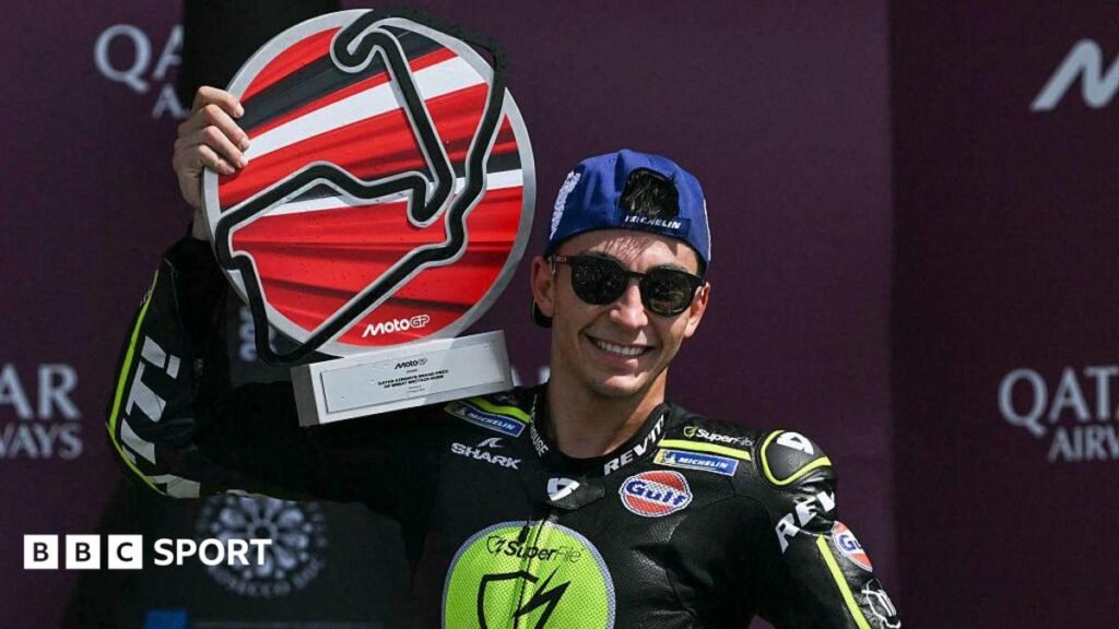 MotoGP: Raul Fernandez wins British GP ahead of championship leader Jorge Martin Trackhouse Racing's Raul Fernandez celebrating his British GP win