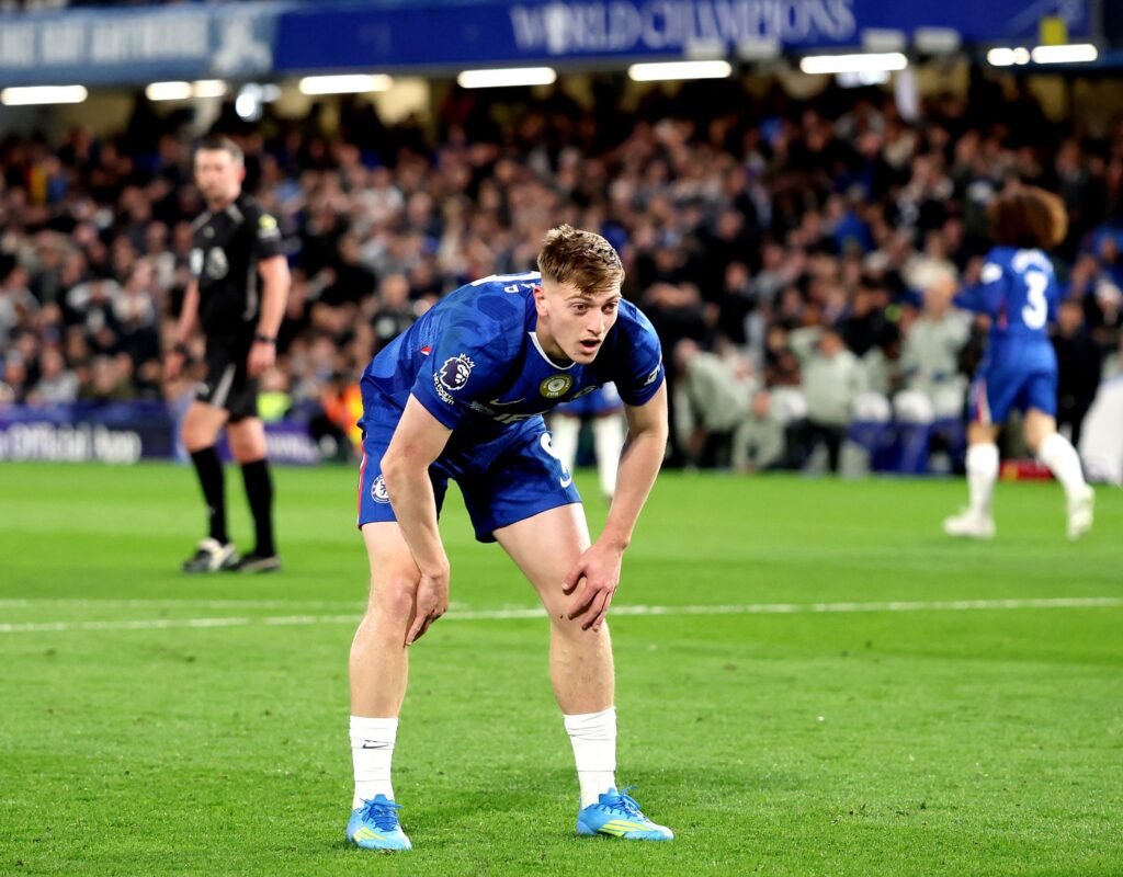 Liam Delap of Chelsea reacts during the Premier League match between Chelsea and Manchester United at Stamford Bridge