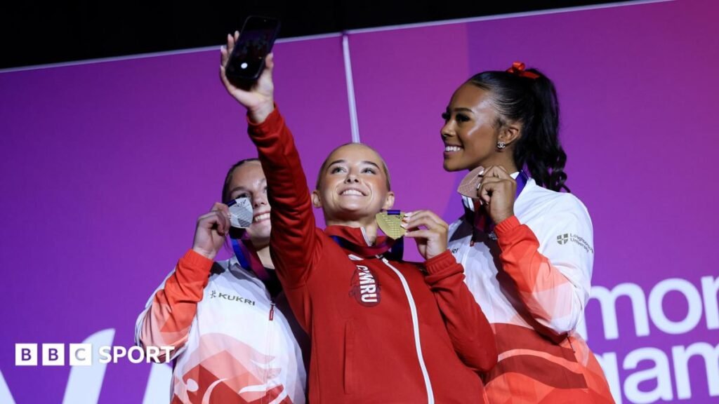 Ruby Evans: British gymnast on coping with fame and followers Gold medallist Ruby Evans of Team Wales (centre) with silver medallist Abigail Martin (left) and bronze medallist Shantae-Eve Amankwaah, both of Team England, at the medal ceremony for the women's floor exercise final at the Glasgow 2026 Commonwealth Games