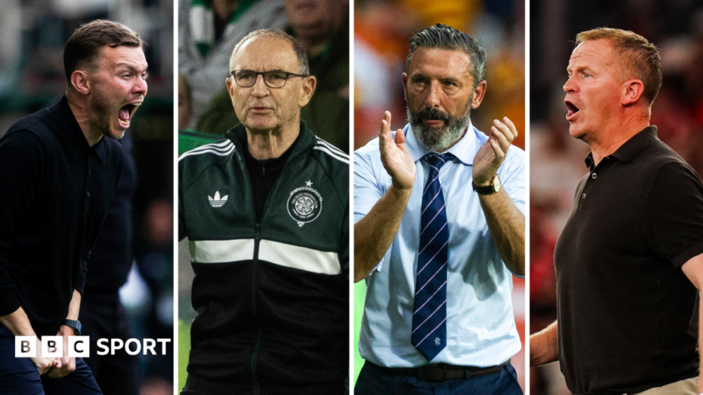 Motherwell's Alfred Johansson, Celtic's Martin O'Neill, Rangers' Derek McInnes and Hearts' Wouter Vrancken