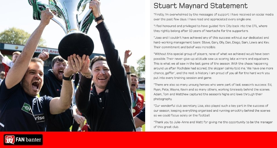 Stuart Maynard speaks out after being sacked by York City, fans urge club to explain decision Stuart Maynard speaks out after being sacked by York City, fans urge club to explain decision