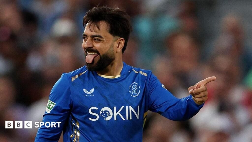 The Hundred 2026 results: Rashid Khan takes five wickets as MI London beat Manchester Super Giants Rashid Khan of MI London celebrates a wicket, pointing and sticking his tongue out