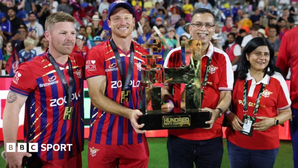 The Hundred: What has the impact of new ownership been on the tournament? Manchester Super Giants captain Jos Buttler and owner Sanjiv Goenka hold up the 2026 men's Hundred trophy, with opener Tim Seifert (left) and Goenka's wife Preeti (right) flanking them