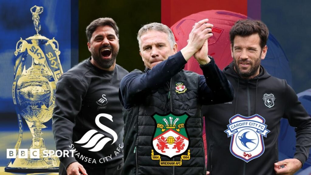 Three clubs, six derbies as Cardiff City, Swansea City and Wrexham collide in second tier Vitor Matos, Phil Parkinson and Brian Barry-Murphy next to an image of the EFL Championship trophy
