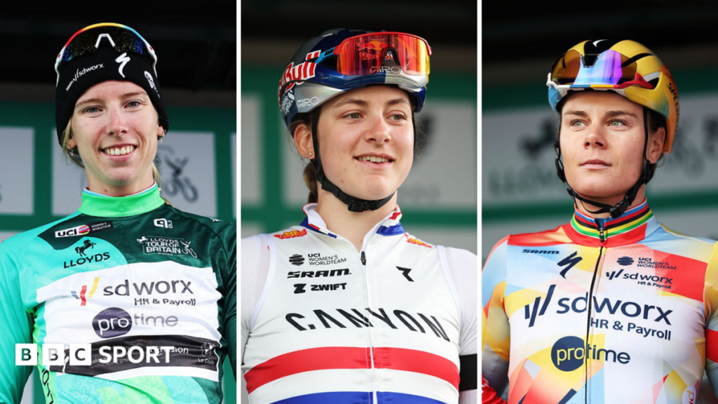 Lorena Wiebes, Zoe Backstedt and Lotte Kopecky at the Tour of Britain Women race