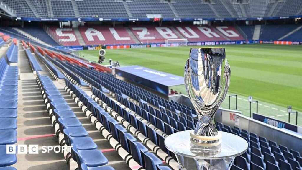 Uefa Super Cup: Paris St-Germain get extra dressing room for Aston Villa match The Super Cup trophy in the Red Bull Arena