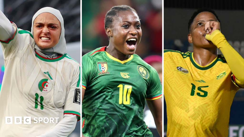A triptych showing Lina Boussaha, Naomi Eto and Refiloe Jane celebrating goals at the 2026 Women's Africa Cup of Nations. Boussaha wears a white headscarf and Algeria kit with a green number 11 on it, Eto a green Cameroon shirt with a yellow 10 on it, and Jane a yellow South Africa shirt with a green 15 on the chest. Boussaha has a teeth-clenched and right arm raised, Eto smiles widely and Jane has her thumb in her mouth as she looks upwards while hiding a football under her shirt
