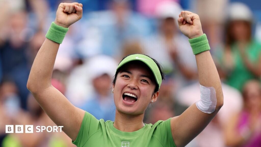 Alexandra Eala raises her arms in celebration after beating Naomi Osaka in the Washington Open semi-finals
