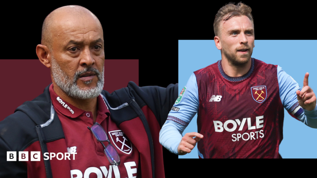 West Ham: Will the Hammers bounce straight back to the Premier League? Nuno Espirito Santo wearing a claret West Ham polo shirt under a navy blue and claret hooded jacket (left). Jarrod Bowen, wearing West Ham's claret and blue home shirt, points his finger up to celebrate a goal against Portsmouth in the EFL Cup (right)