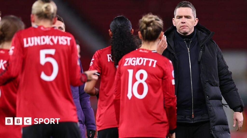 Marc Skinner and Man Utd players after their Women's Champions League exit last season