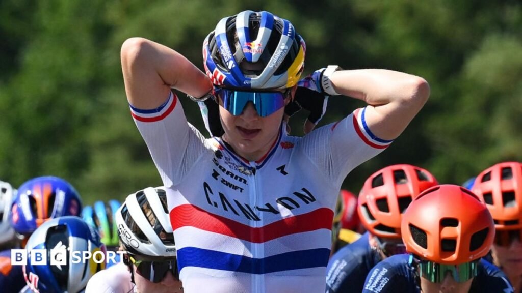 Zoe Backstedt: Women’s cycling will be ‘unstoppable’ with TV boost Zoe Backstedt in helmet, glasses and British red white and blue national champion jersey reaches behind her head as she rides at the front of the peloton
