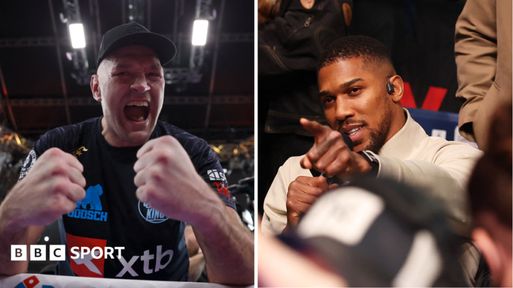 Anthony Joshua vs Tyson Fury: London mayor Sadiq Khan wants fight at Wembley Split image of Tyson Fury celebrating and Anthony Joshua pointing from ringside