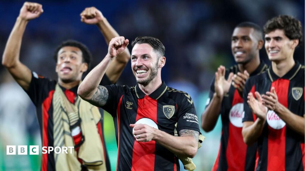 Adam Smith leads Bournemouth players celebrations after win at Real Sociedad