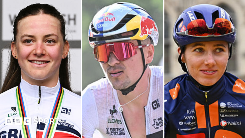 Split picture showing Zoe Backstedt, Tom Pidcock and Pfeiffer Georgi in cycling kit