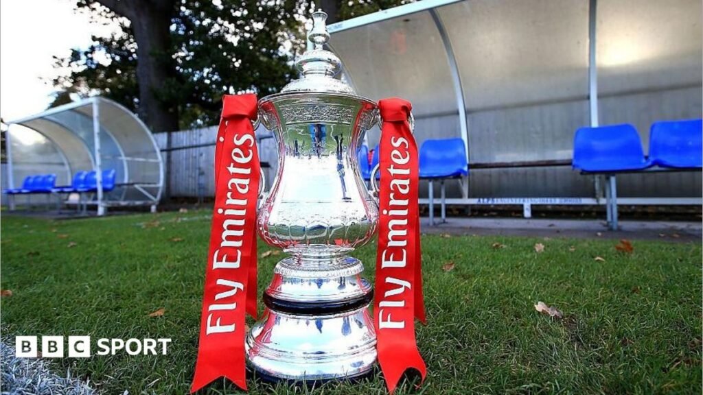 General view of the FA Cup trophy on display on the sideline at a qualifying round match in 2016
