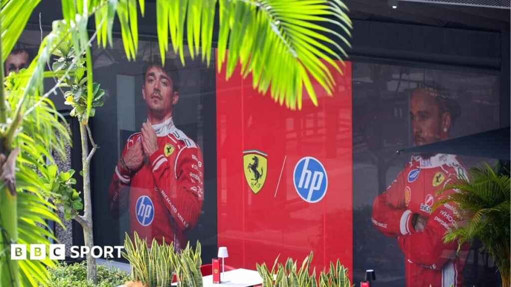 Formula 1: Bahrain Grand Prix in Malaysia declared heat-hazard race Ferrari's paddock base at the Bahrain Grand Prix with photos of Charles Leclerc and Lewis Hamilton