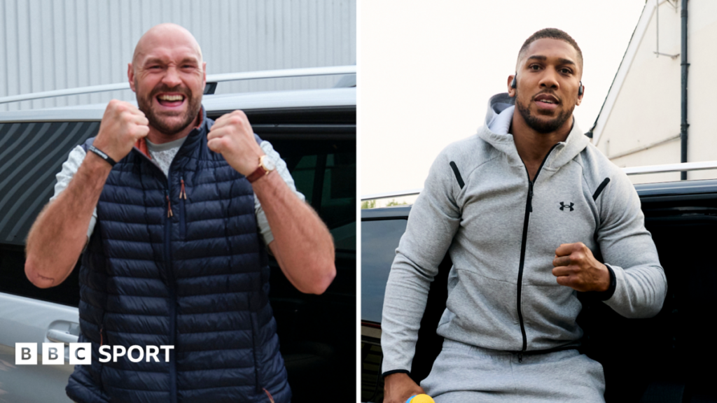 Fury vs Joshua: British heavyweights arrive in London for news conference Tyson Fury and Anthony Joshua getting out of their respective cars in London