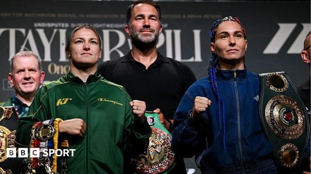Katie Taylor and Flora Pili with promoter Eddie Hearn and Taylor's manager Brian Peters