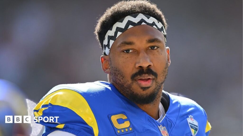 Defensive end Myles Garrett looks on during his debut for the Los Angeles Rams in Australia
