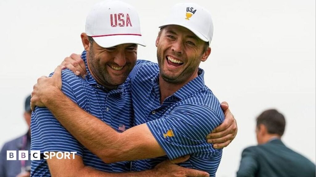 Presidents Cup: US edge opening session against International team Scottie Scheffler and Sam Burns celebrate