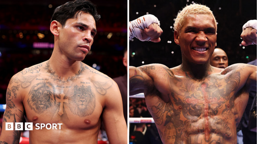 A side-by-side image of a shirtless Ryan Garcia and a shirtless Conor Benn